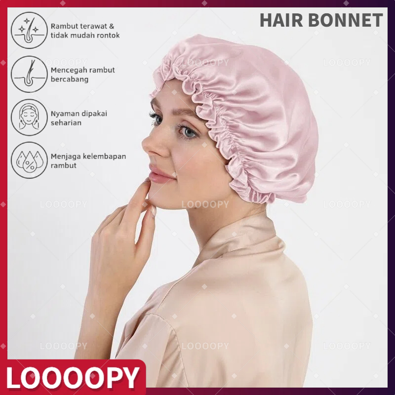 LOOOOPY Topi Bundar Satin Bonnet Hair Bonnet Satin Silk Hair Cap Shower Cap Hairnet Satin Cap Penutu