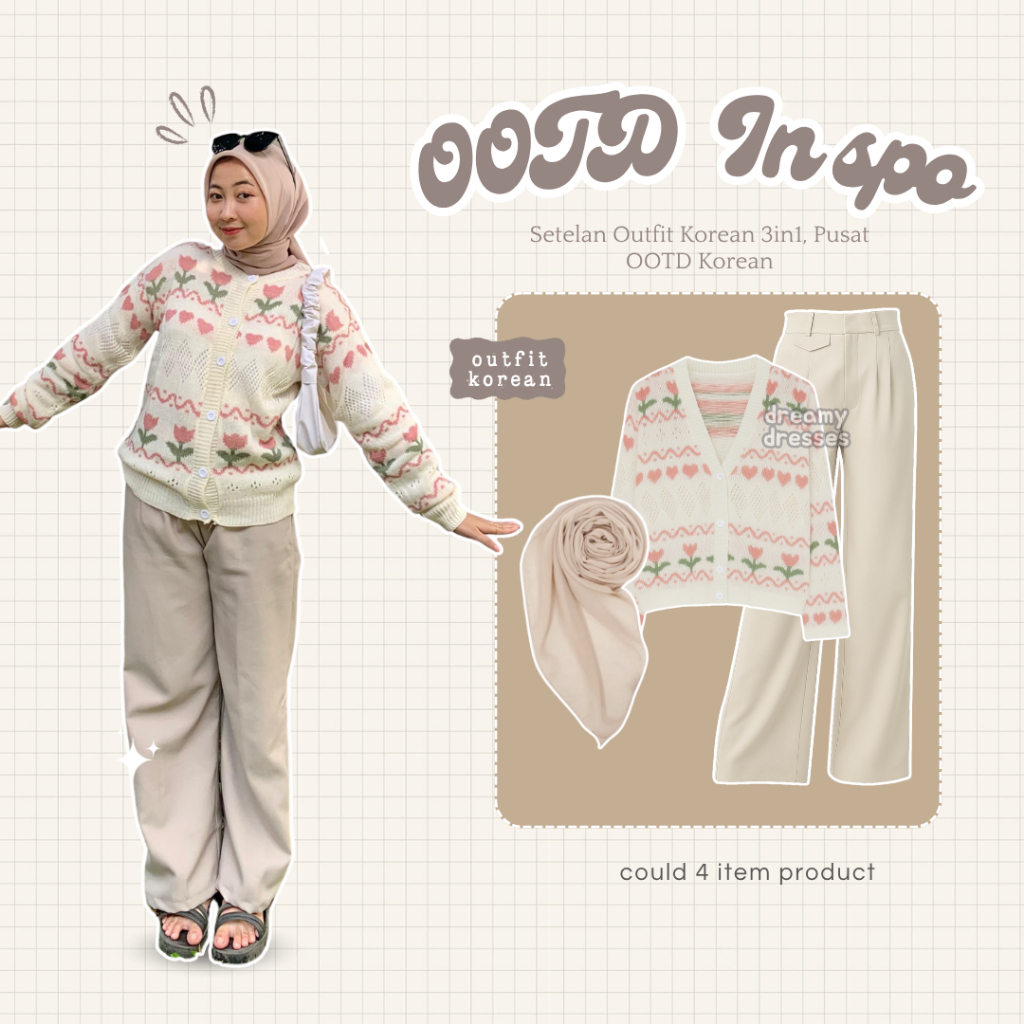 dreamy - Setelan Wanita Kekinian Outfit Korean Style Hijab Set OOTD Hijab Remaja Casual Set AA452