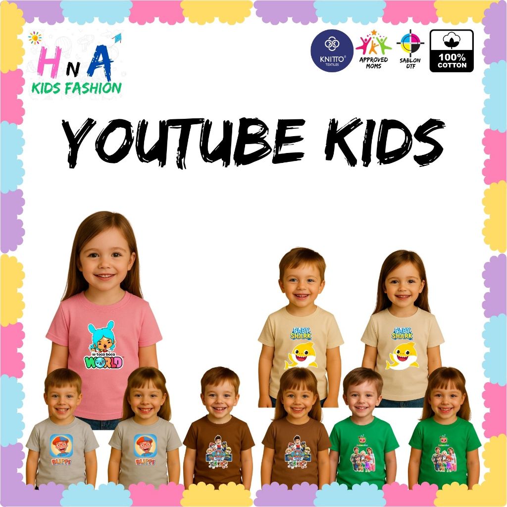 KAOS ANAK YOUTUBE KIDS DISTRO PREMIUM | COTTON COMBED 24S | SABLON DTF TAHAN LAMA | USIA 1–8 TAHUN