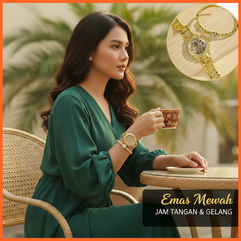 Set Jam Tangan dan Gelang Wanita Mewah | Paket Jam Tangan Emas Penuh Permata Elegan