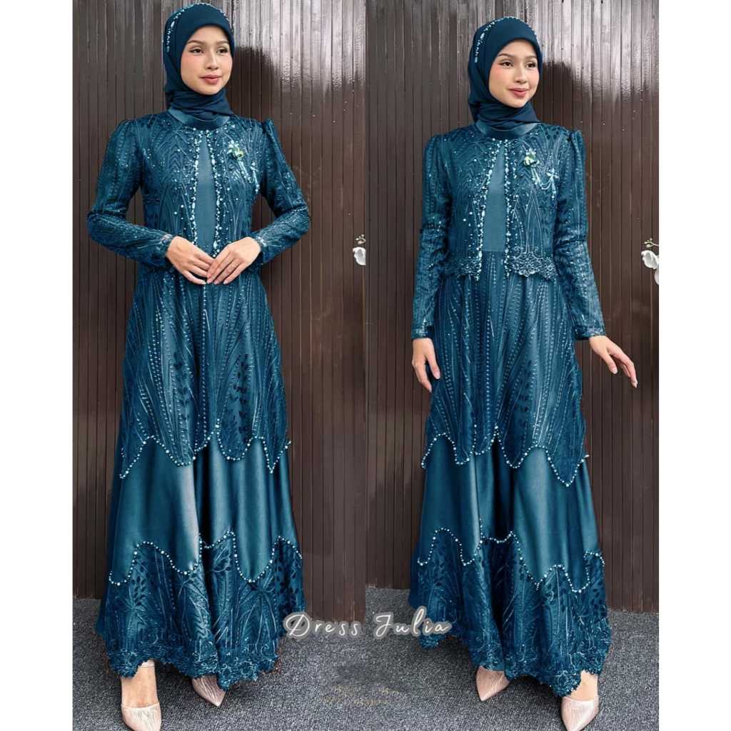 Julia Dress 2in1 Set Outer Velvet Mix Tile Spangle Aplikasi Payet Gamis Bridesmaid Kekinian Emerald