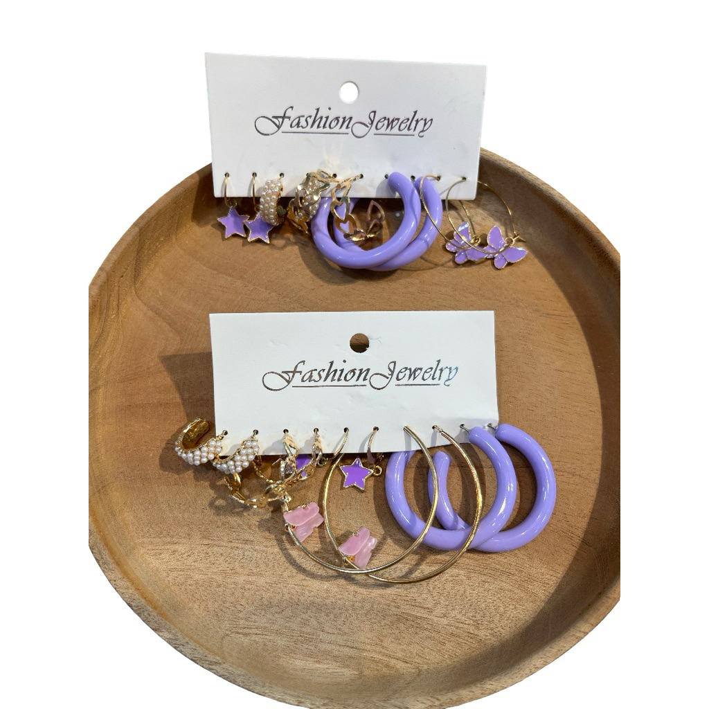 MKT Set Anting Hoop Warna Ungu Lilac – Anting Gaya Manis Motif Hati dan Kupu-Kupu