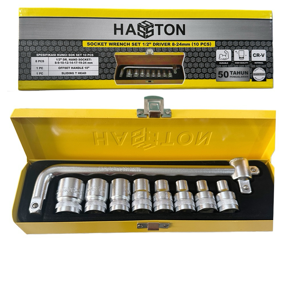 HASSTON Kunci sok set 10 pcs 1/2” 6 pt 12 pt socket set kunci shock