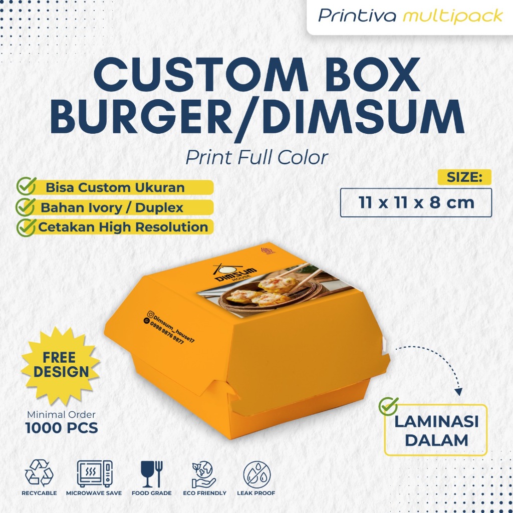 CUSTOM Print Burger Box/ Takoyaki/ Dimsum Ivory LAMINASI Full Color