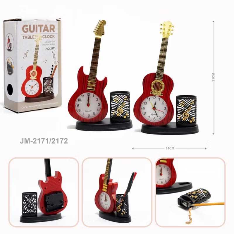 Jam Weker Alarm Gitar Kayu Tempat Pensil / Ada Serutan Pensil / Jam Meja Alarm