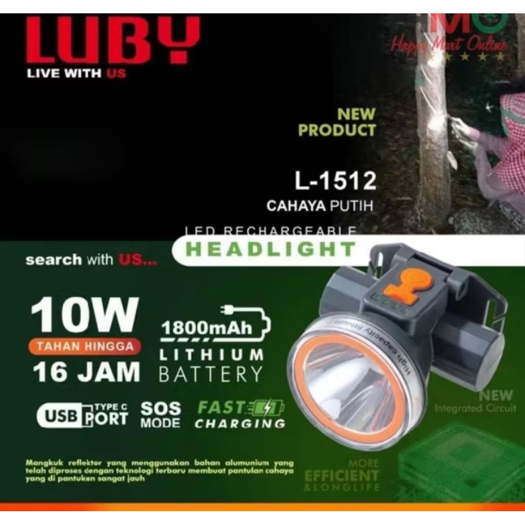 luby l-1512l senter kepala cass luby 10watt senter kepala waterproof mini senter kepala anti air  ca