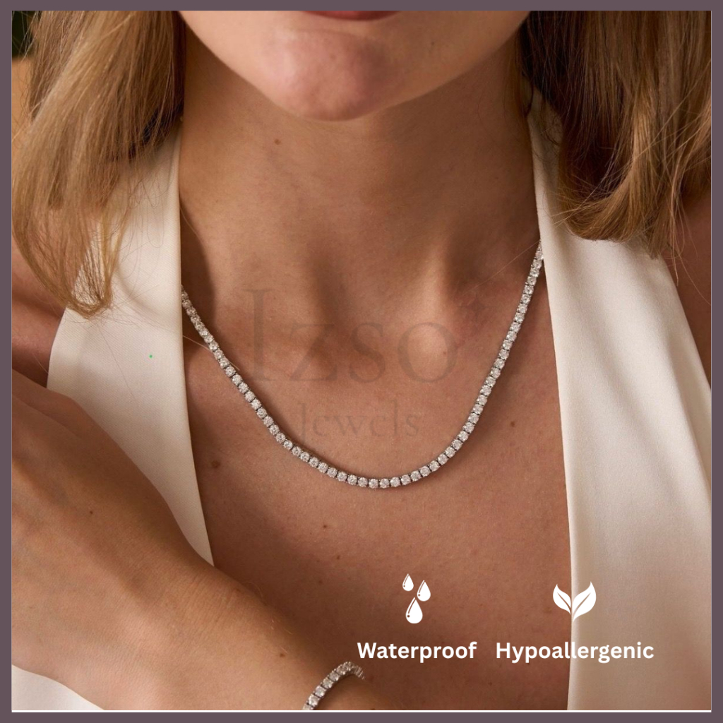 Izso Jewels - James Necklace - Tennis Necklace - AAA Cubic Zirconia Crystal 14k Gold Plated Necklace