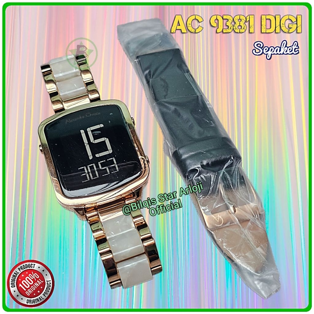 Jam Tangan Wanita Kotak Besar Ac 9381 Digital Tali Rantai Acrylic Sepaket Tali Kulit Original