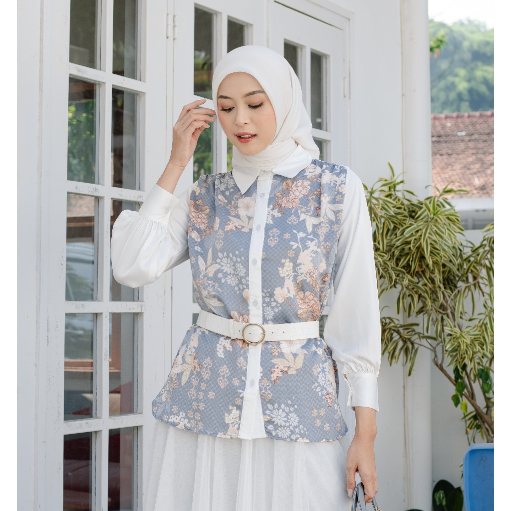 ASMARA LABEL Berbunga Series Blouse Biru | Biru Pastel Soft | Atasan Kemeja Wanita Elegan | Casual M