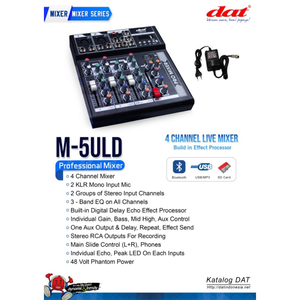 DAT M-5ULD – Mixer 4 Channel, 2 Mic + Stereo Input, 3 Band EQ, Digital Echo, Bluetooth + USB/SD