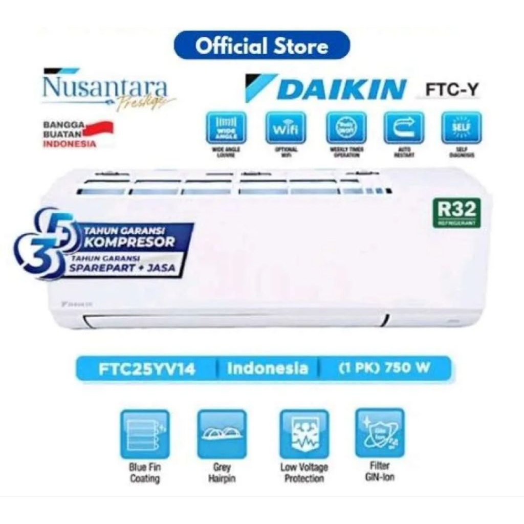Daikin indonesia 1pk 750 watt garansi 5th lite new aero series 1 pk breeze 3d airflow low voltage r3