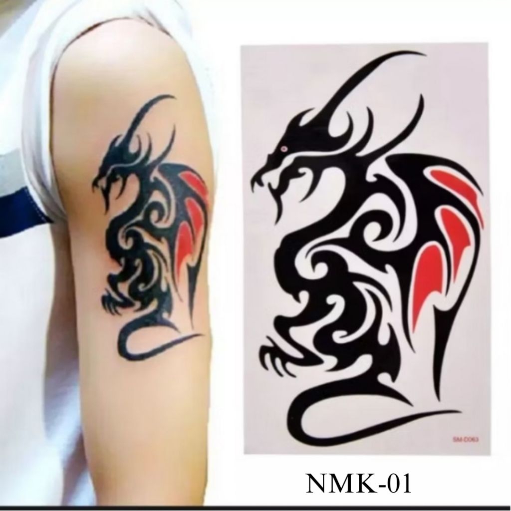 Tato Temporer Lengan Tangan Kaki Paha Dada Temporary Tattoo NagaMerah Kecil Tahan Anti Air Sementara