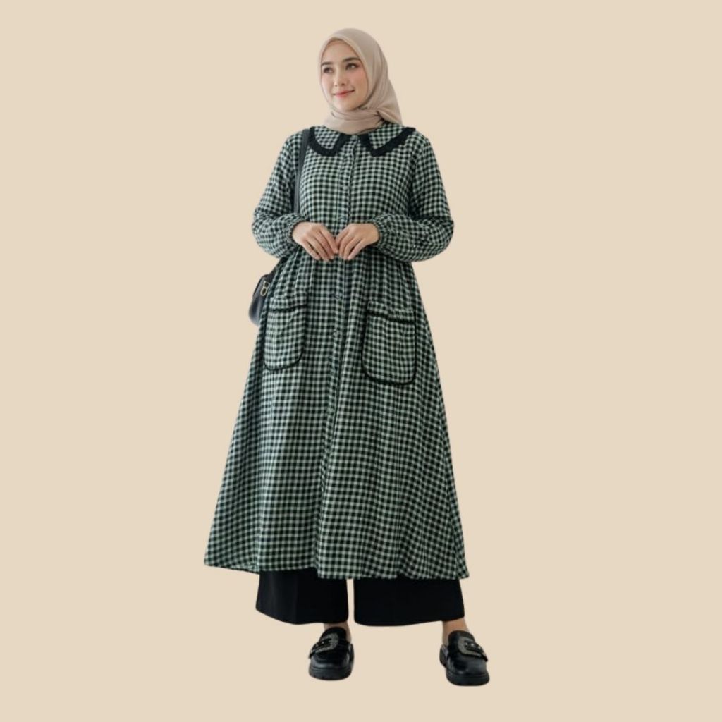 SEJALUR - Tunik Midi Dress Motif Kotak Baju Santai Pakaian Muslim Wanita Fashion Muslimah