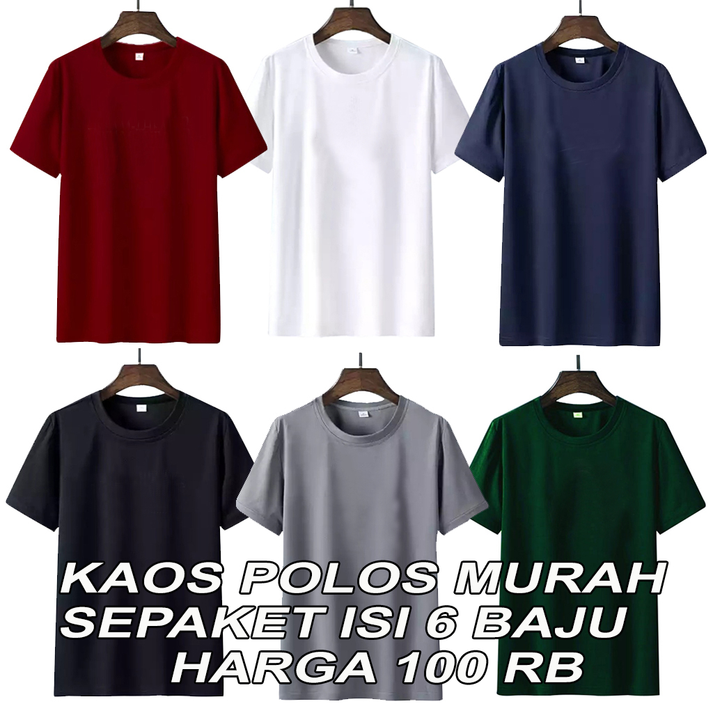 Paket Usaha isi 6 pcs Kaos Polos Lengan Pendek T-shirt Pria CrewNeck Termurah Gratis Ongkir