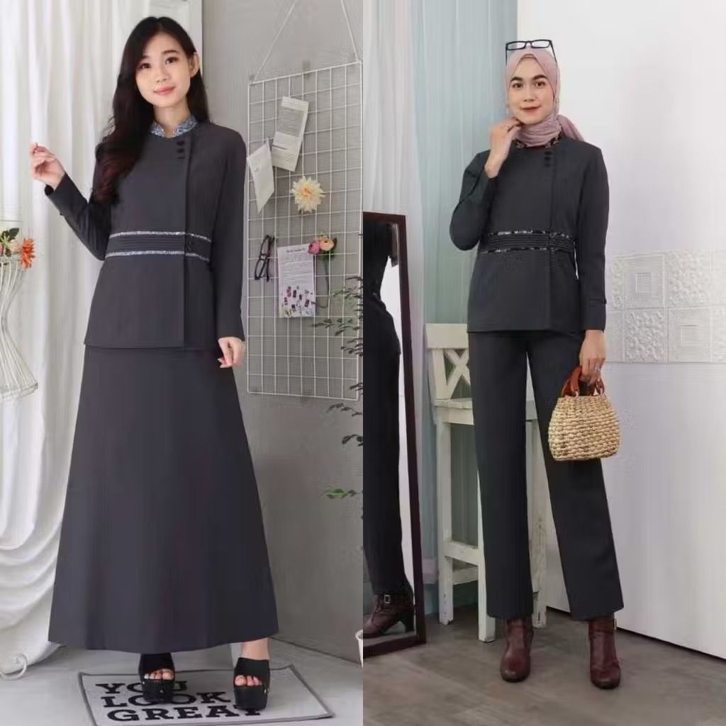 Jas blazer PNS Indonesia Seragam Wanita Lengan panjang dengan Rok panjang  dan celana panjang abu tu