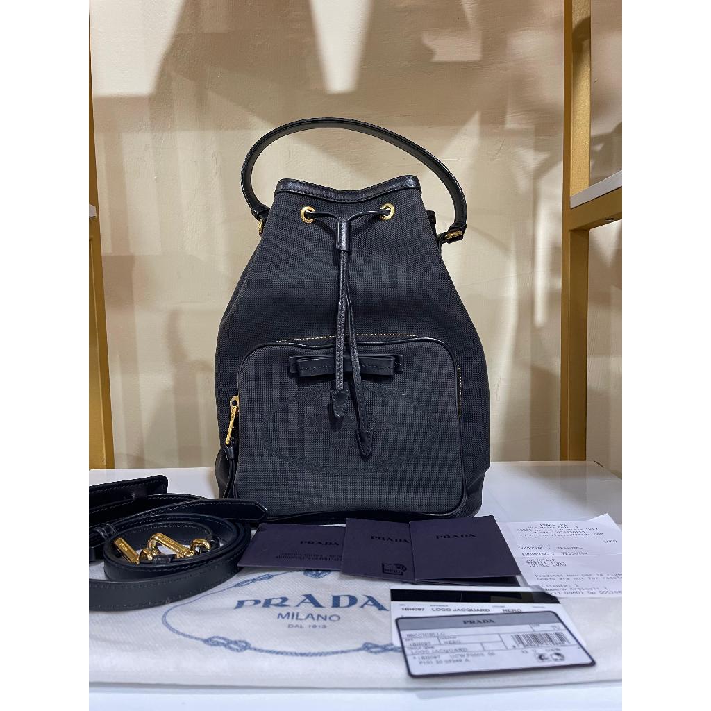 Preloved Authentic Original Prada Bucket Canvas Logo Jacquard Black Ghw