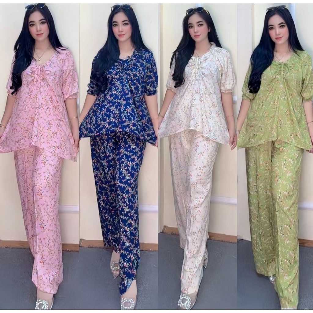 Setelan Rayon Serut Dada Motif Bunga – Baju Santai Wanita Adem & Elegan Lengan Karet