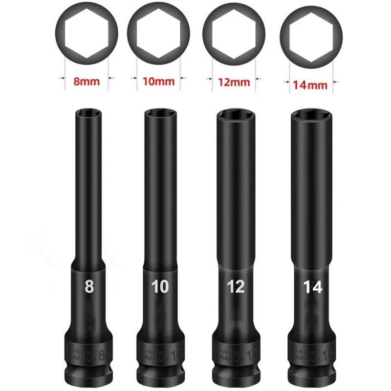 PekerjaTools Set 4 Pcs Mata Kunci Shock Impact Panjang 1/2" 8mm 10mm 12mm 14mm Soket Hex untuk Kunci