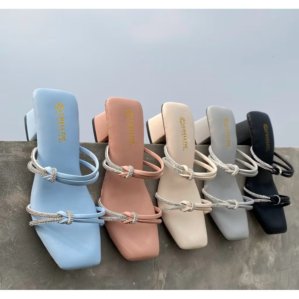 [COD] CHELLTIC Sandal Heels Hak Tahu Wanita Tali Permata Import | Sendal Pesta Perempuan Hak Tinggi 