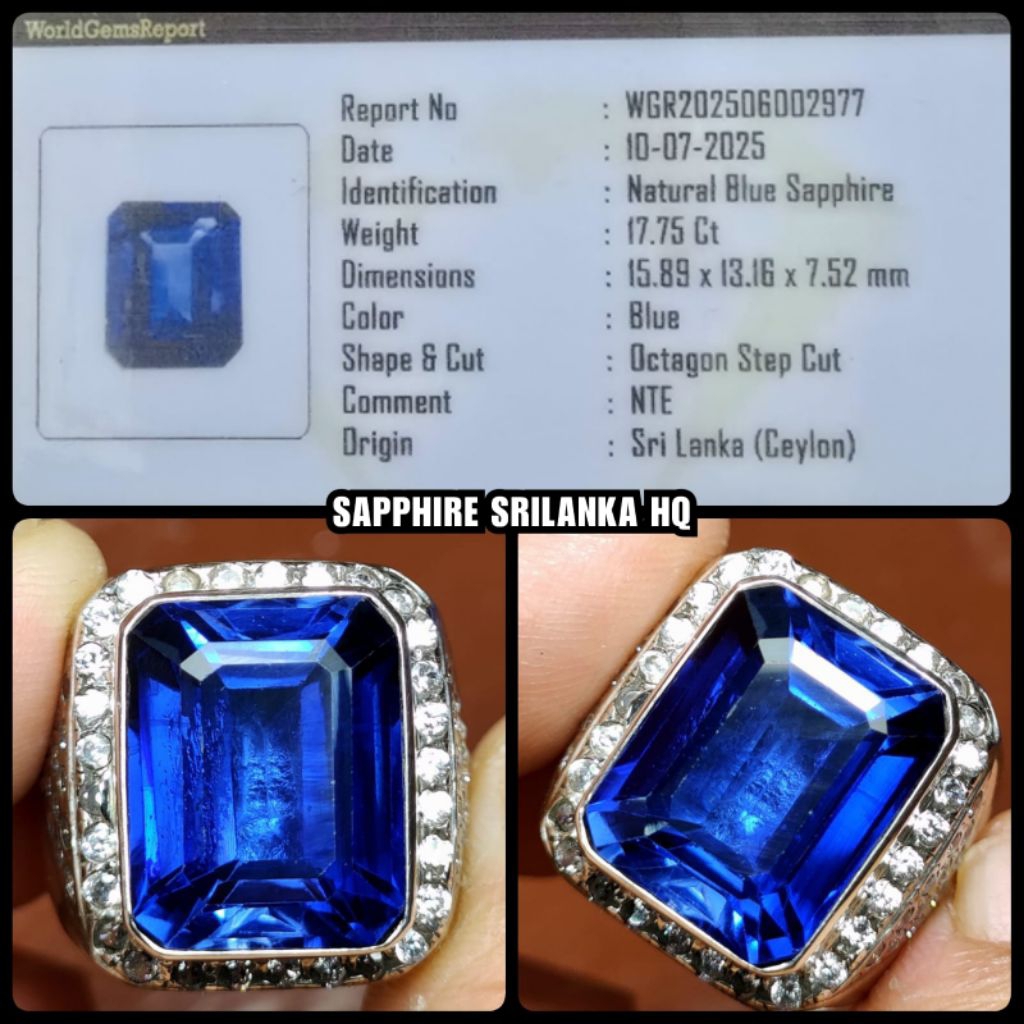 natural permata blue sapphire jumbo Srilanka + ring perak mewah
