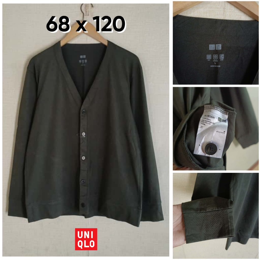 Cardigan UNIQLO Airism Hijau Army V Neck Size L Pria Wanita Sweater Mulus Bahan Adem UV Cut Unisex D