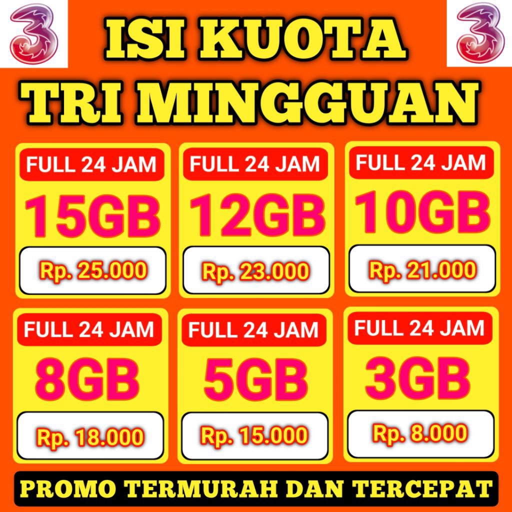 PAKET DATA TRI MINGGUAN TERMURAH - KUOTA TRI HARIAN 15GB | 10GB | 8GB | 7GB | 5GB | 3GB