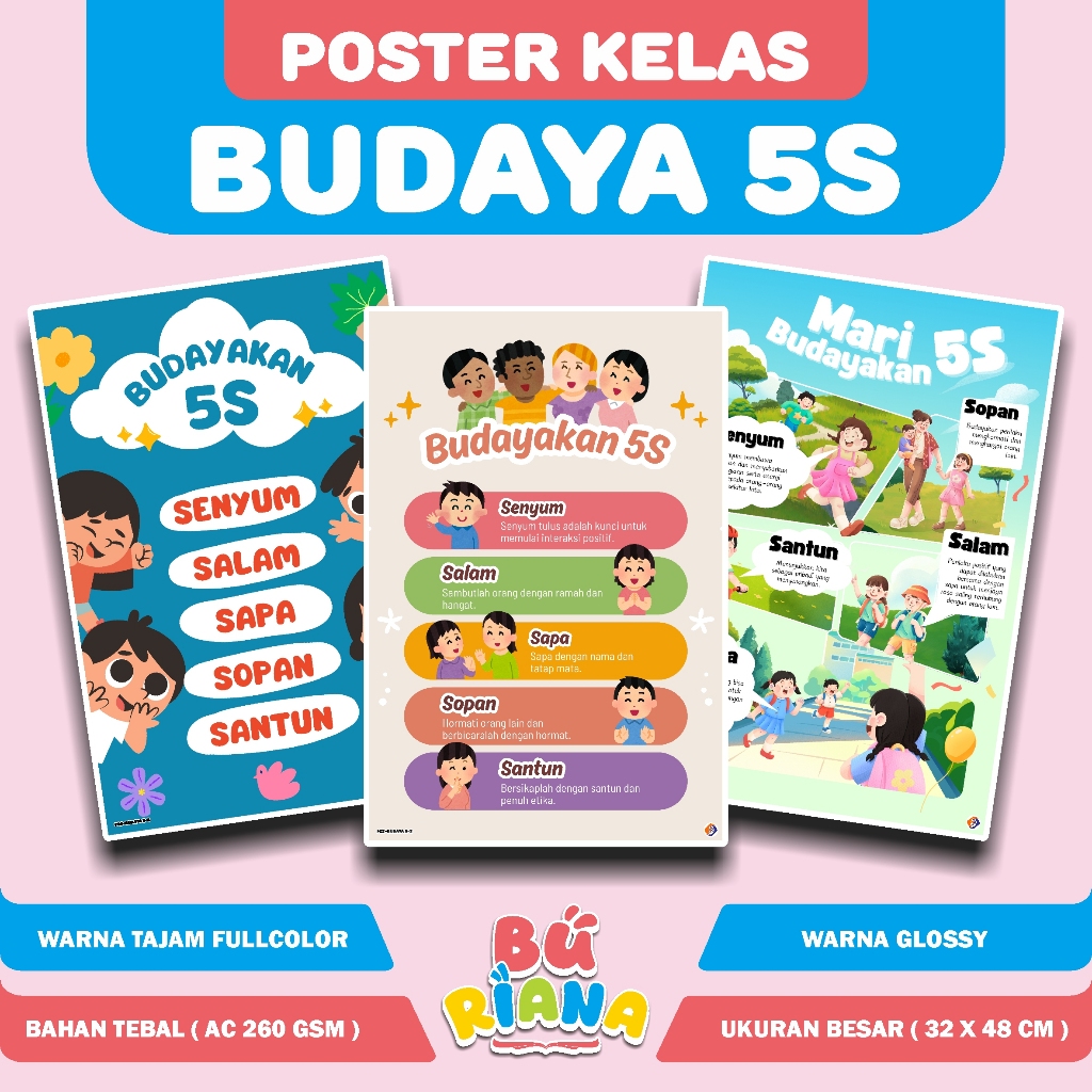 Poster Budaya 5S / Poster Kelas / Poster Sekolah / Poster Edukasi Anak / Poster Hiasan Kelas