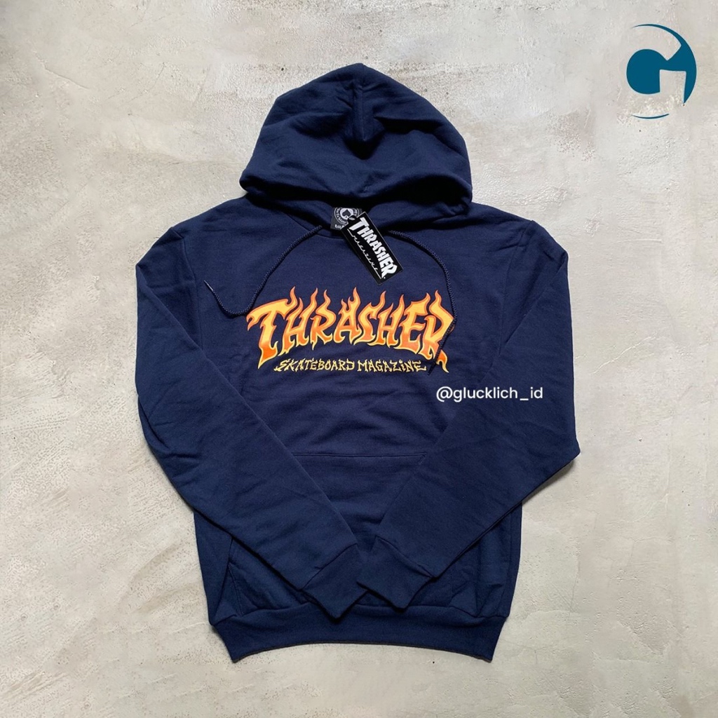 Thrasher, Fire Logo Pullover Hoodie in Navy