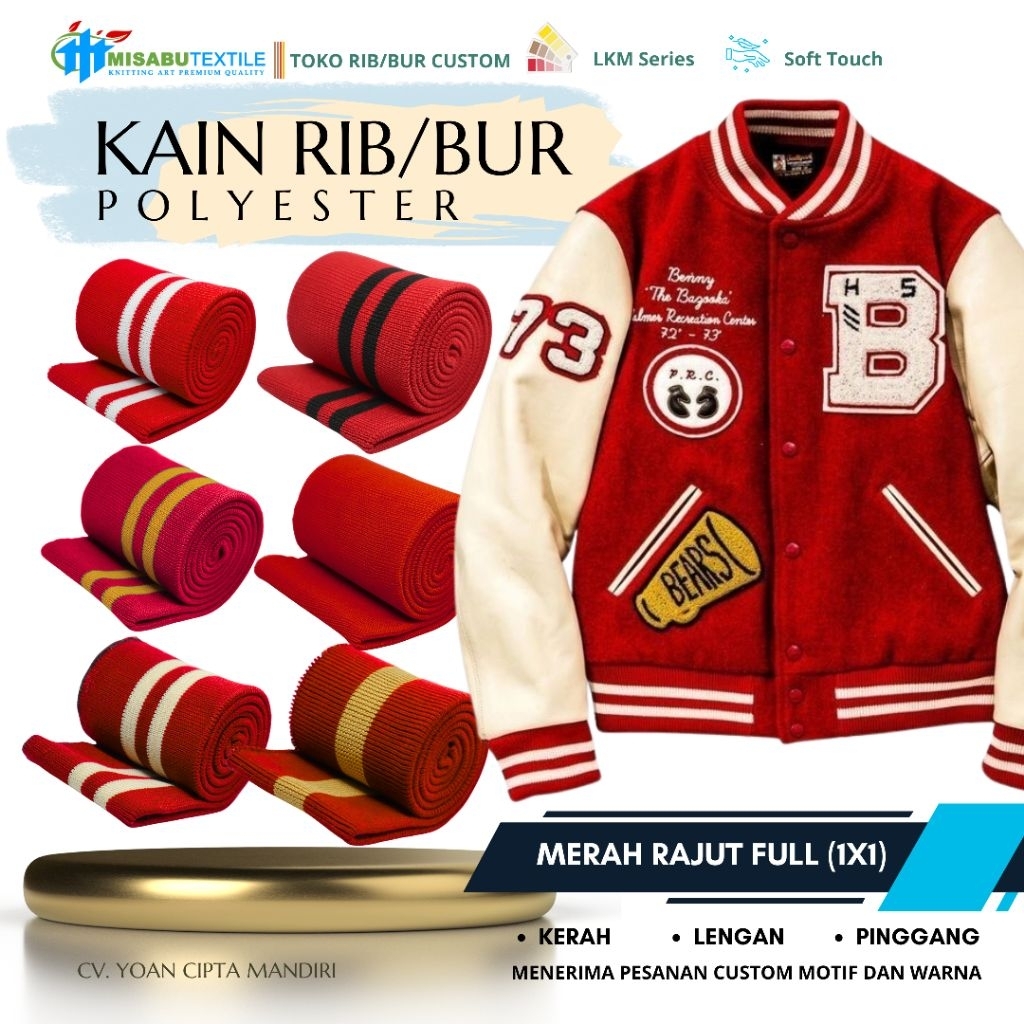 Kain rib bur poliester merah terang untuk jaket lebar kain 90cm