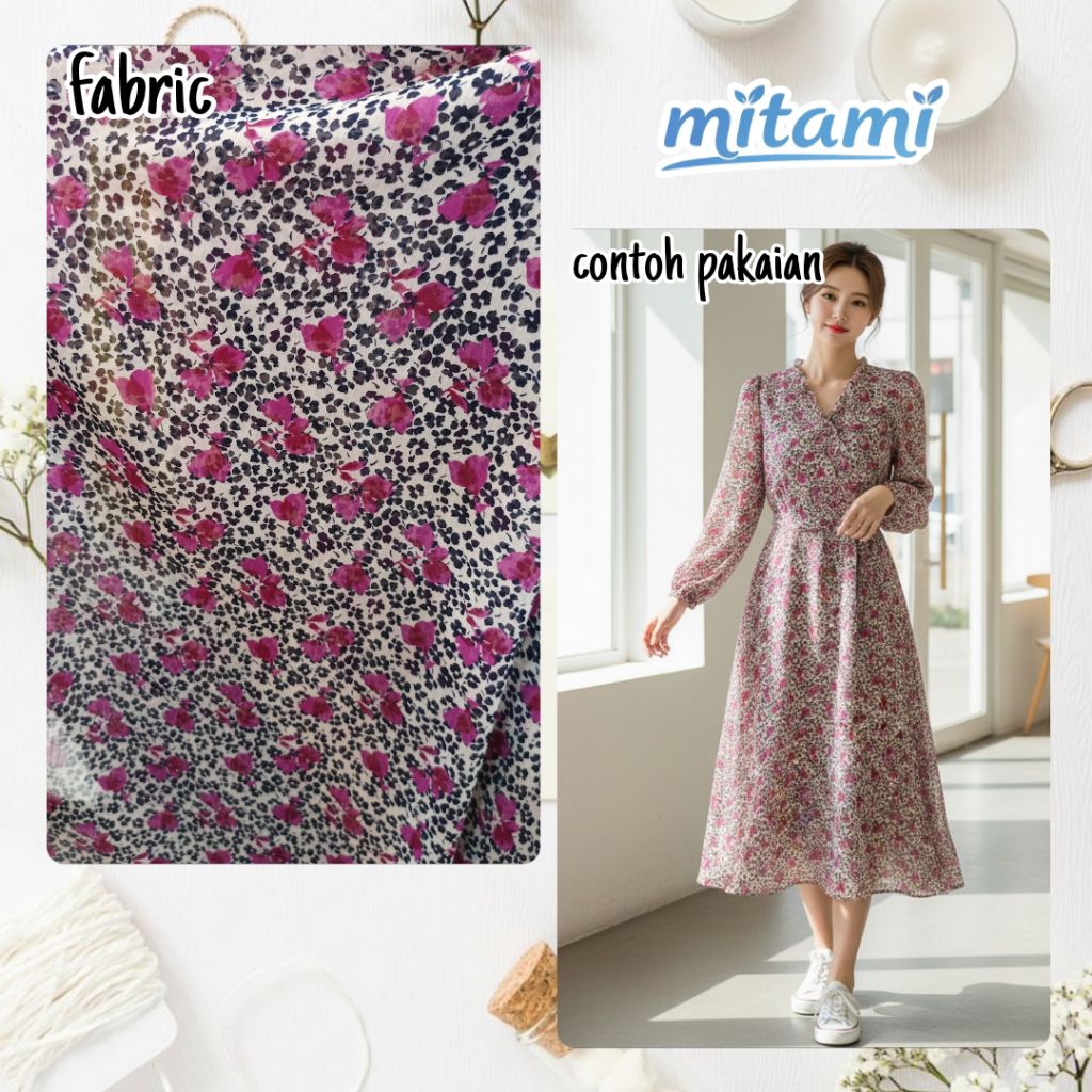 Sifon Yoryu Crinkle Motif Floral Rapat Ungu Elektrik | Bahan Dress Korea Jilbab Pashmina Adem Jatuh 