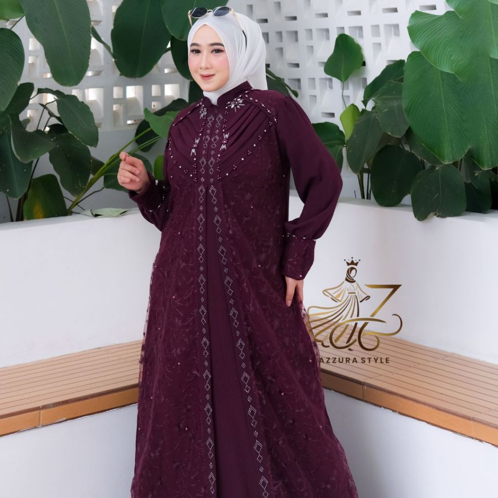 Gamis Wanita Dewasa Nadia Dress Bahan Crinkle Airflow Abaya Mewah Mix Brokat Tile By Azzura Style
