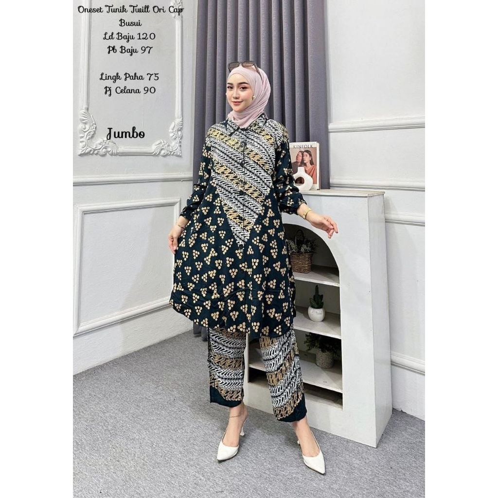 Setelan Tunik Twill Jumbo.Oneset Celana Panjang dan Tunik Batik Cap