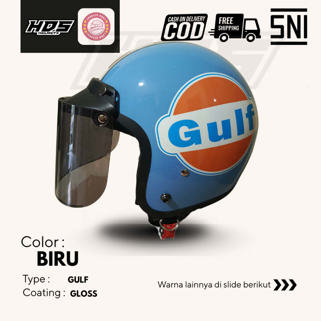 Helm Bogo Dewasa Classic Polos Motif Gulf Biru HDS Helmet Half Face SNI Pria Wanita Cepol Hijab