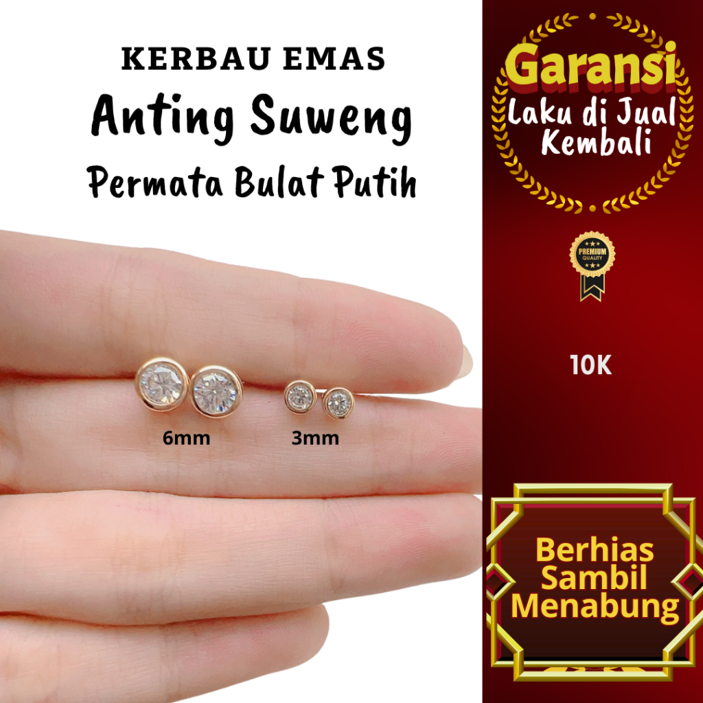 S 1030 Kerbau Emas Anting Suweng Permata Bulat Putih Warna 10K