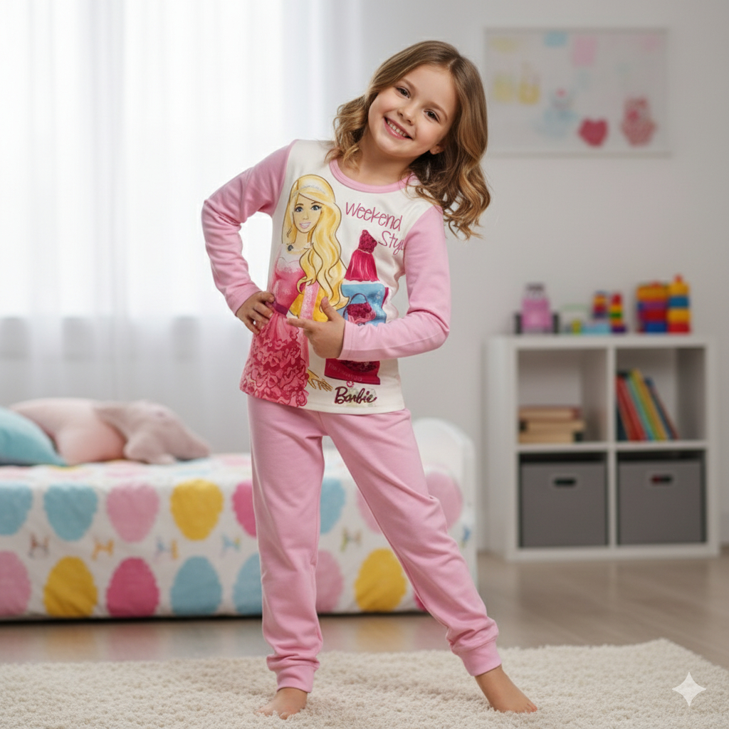 LNR Shop Setelan Piyama Pajamas Barbie untuk Anak Perempuan Lengan Celana Panjang Motif Boneka Barbi
