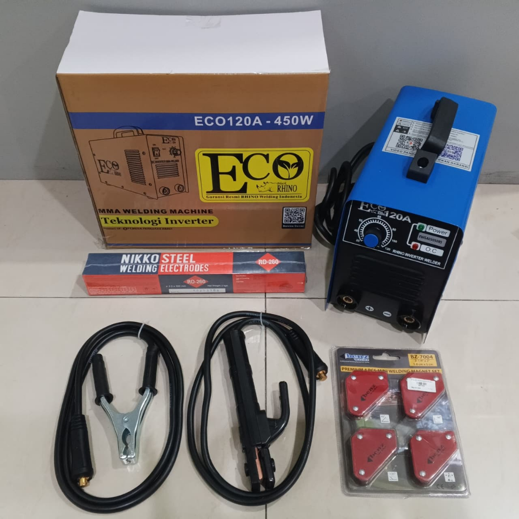 PAKET Mesin Las Rhino ECO MMA 120 A Mesin Las Inverter 450watt + Kawat Las + Welding Holder set Siku