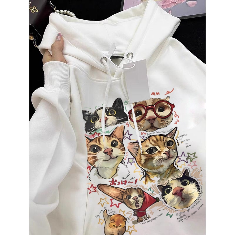 XZHAINV Hoodie lengan panjang dengan motif kucing lucu untuk wanita Korea/Sweater Korea Lengan Panja
