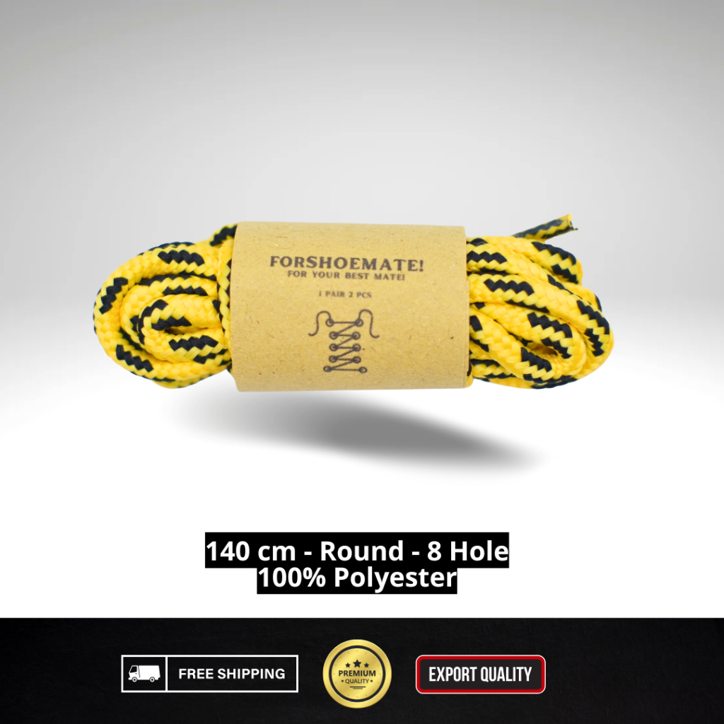 ForShoemate Tali Sepatu | Kuning 4 Hitam | Tali Sepatu Bulat 140 cm Tali Sepatu 8 Hole 8 Lubang Tali