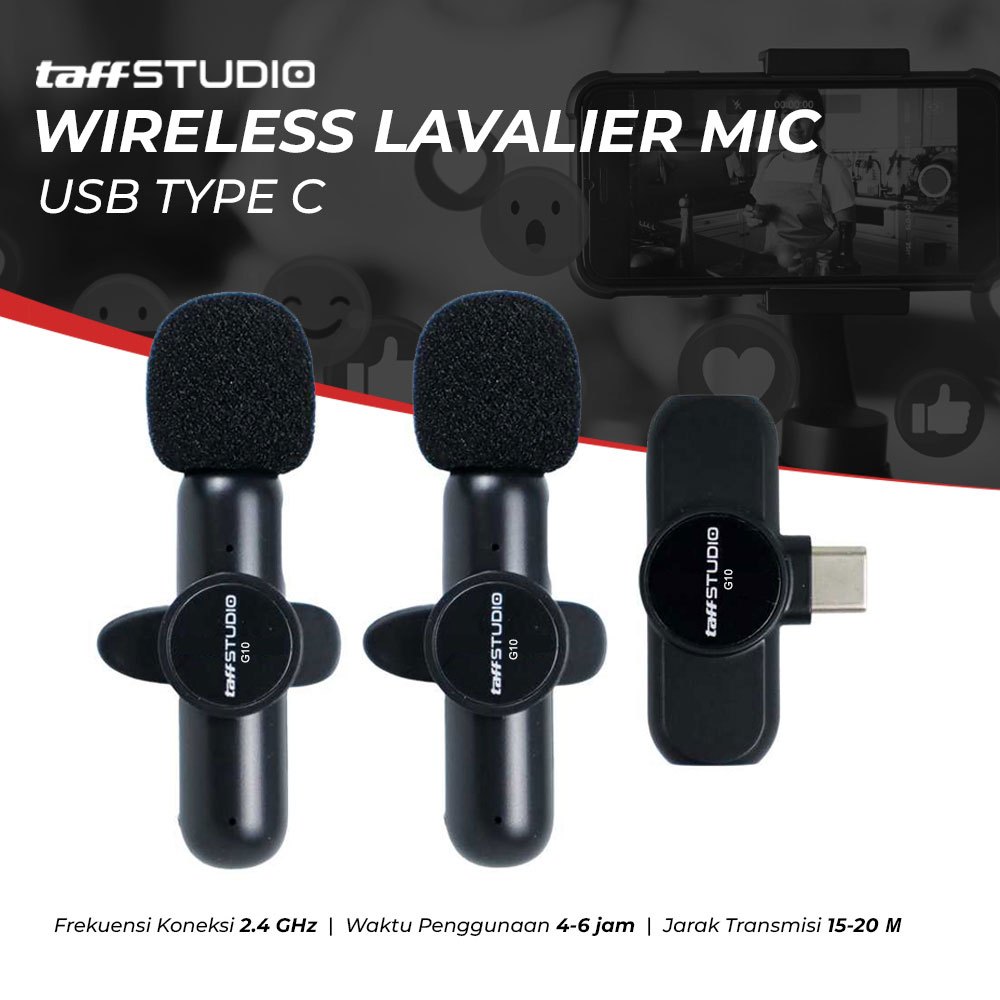 TAFFSTUDIO WIRELESS LAVALIER MICROPHONE 2 MIC 2.4GHZ USB TYPE C G10 BLACK | TAFF STUDIO MIC MIKROFON