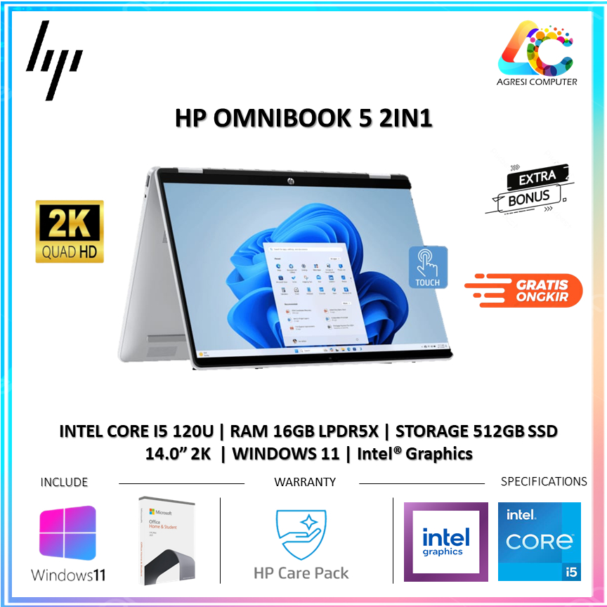 HP OMNIBOOK 5 FP0557TU/FP0556TU FLIP TOUCH 14 CORE I5 120U 16GB 512GB W11+OHS+M365B 14.0 2K 2IN1 PEN