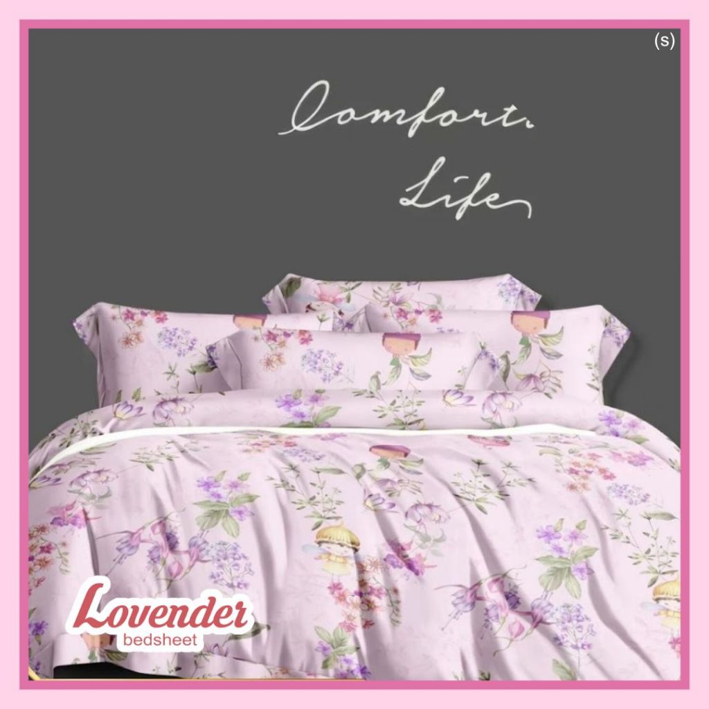 Sprei/Bedcover katun JEPANG pastel pink chibi anime girl flower bunga tangkai lilac purple daun anak