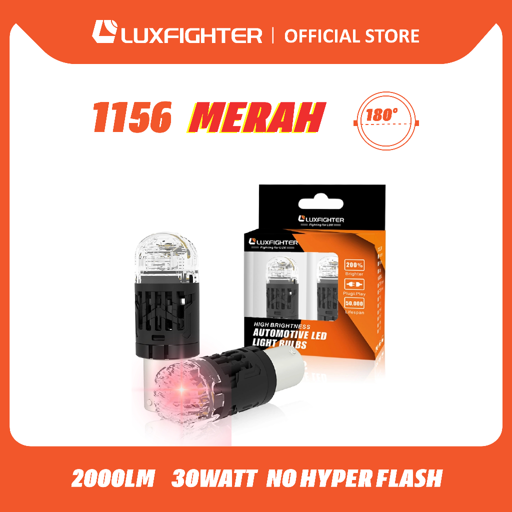 LUXFIGHTER 1156-180 MERAH BOHLAM LAMPU STOP MOBIL LED 30WATT 12V NO HYPER FLASH 1 SET ISI 2 PCS