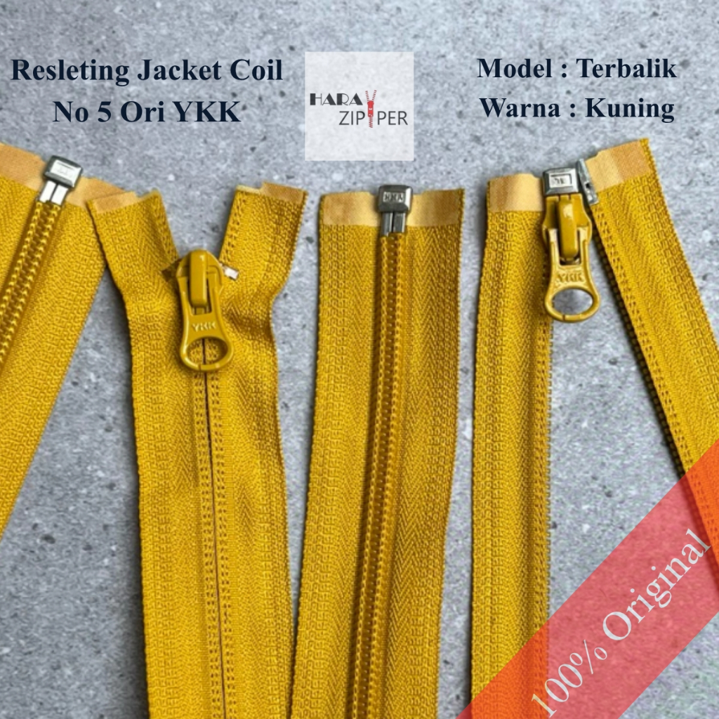 Resleting / Zipper Jacket Coil YKK Kepala Oval Terbalik No. 5 (Harga per Pcs). Warna Kuning, Panjang