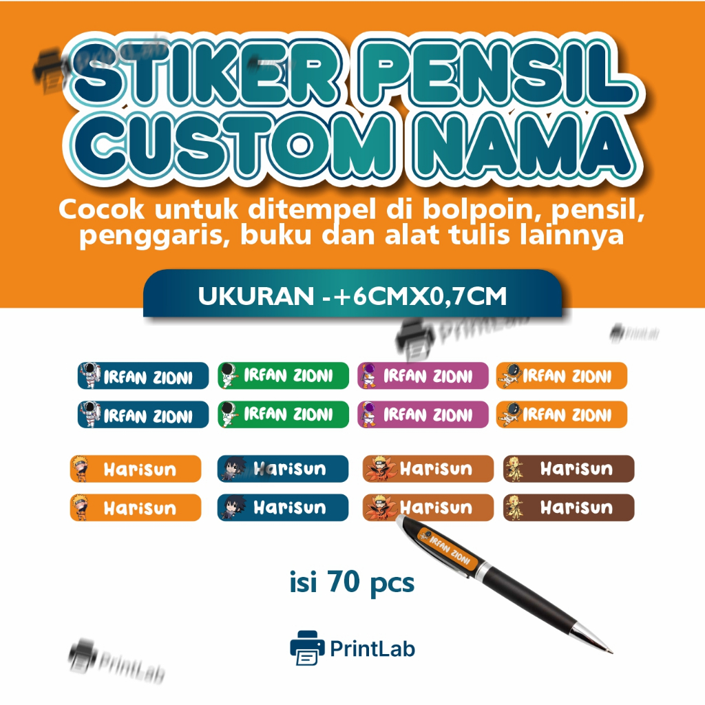 STIKER NAMA PENSIL CUSTOM NAMA / STIKER BULPOIN NAMA CUSTOM/ stiker ATK / stiker botol ISI 50-70