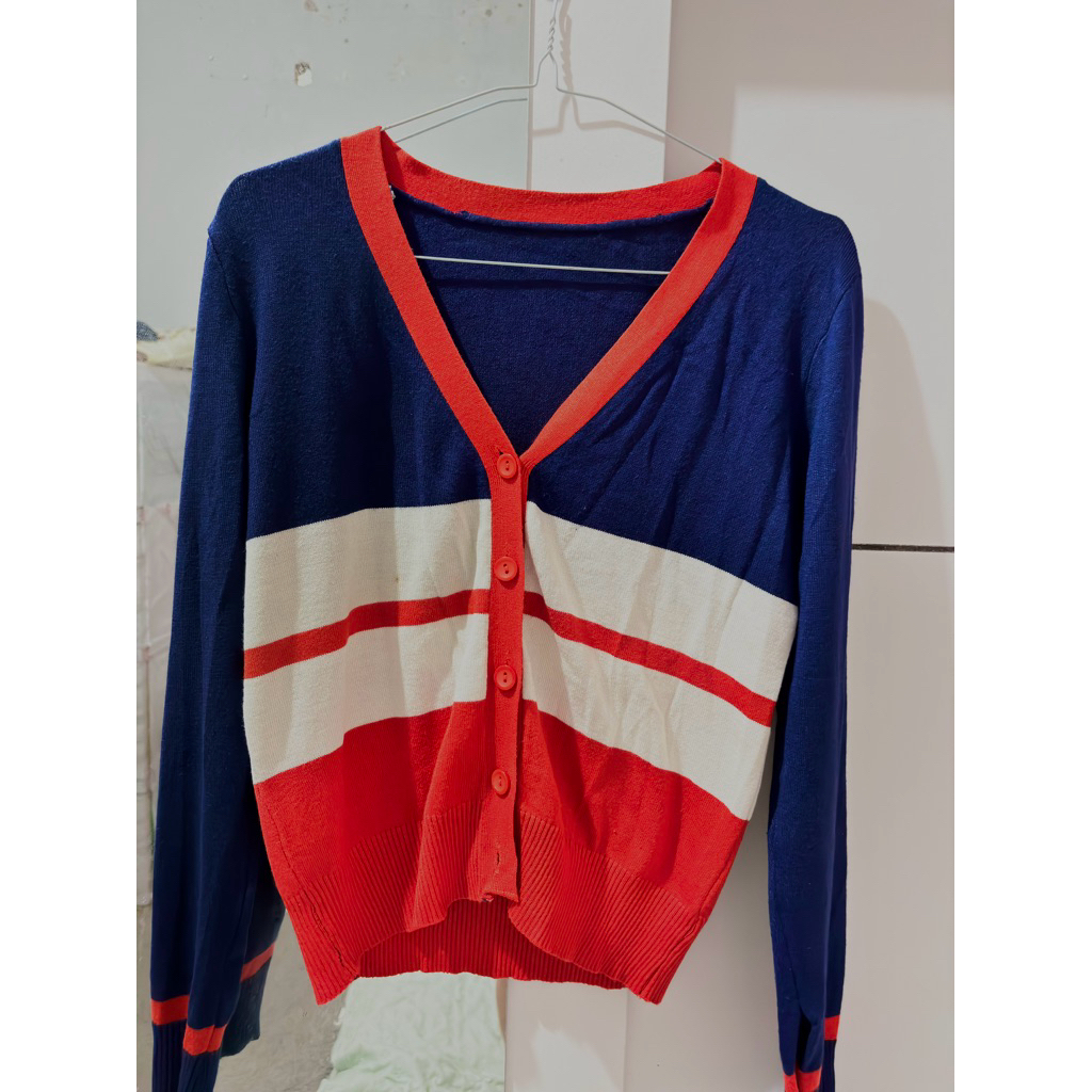 Cardigan Rajut Colorblock Navy Merah Putih | Outer Rajut Casual Wanita