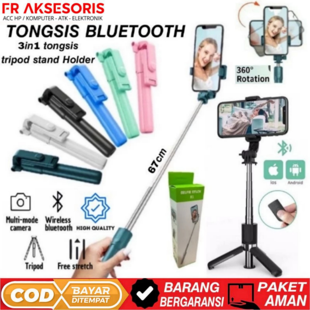 Tongsis Bluetooth 3in1 R1 Tripod HP REMOT Bluetooth MINI Selfie Stick