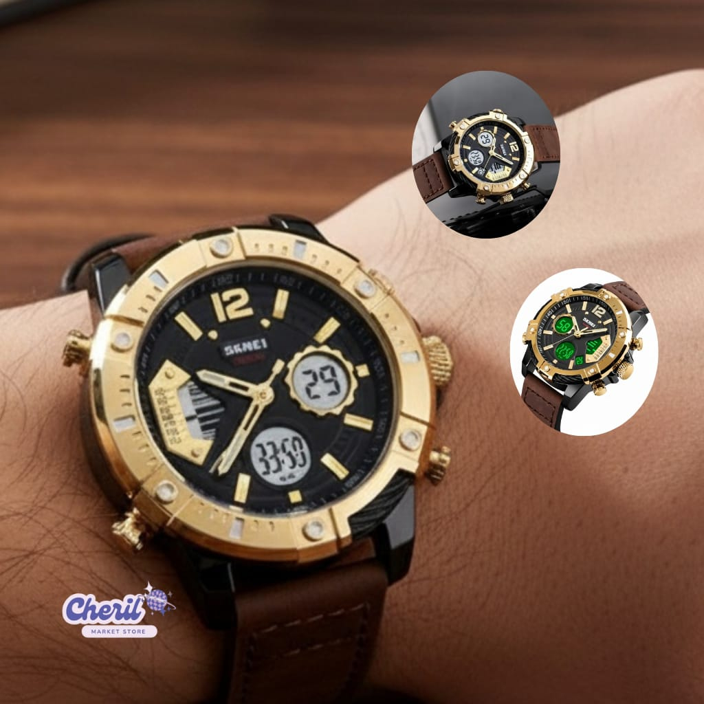Cheril SKMEI Jam Tangan Digital Analog Pria Strap Kulit - 1618 - Golden - Arloji - Mesin waktu