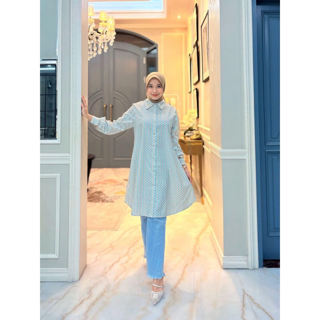 Kemeja tunik bahan  katun NR Motif siang malam Kancing depan full Krah kemeja Tangan ada kancing man