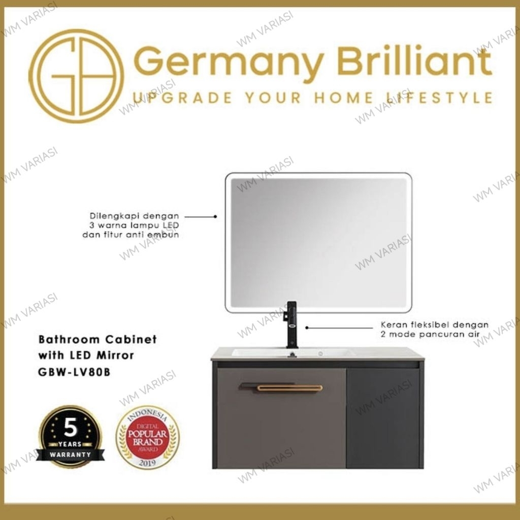 Wastafel Cabinet 80 Wastafel Kabinet Komplit Kaca Cermin LED Kran Dingin Germany Brilliant