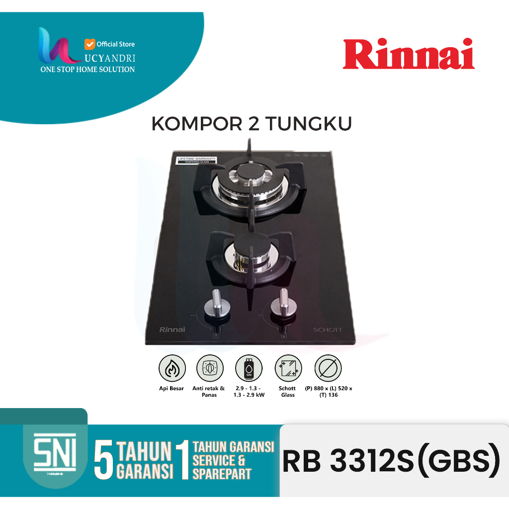 Kompor Tanam Rinnai RB-3312 SGBS – 3 Tungku Gas, Kaca Tempered